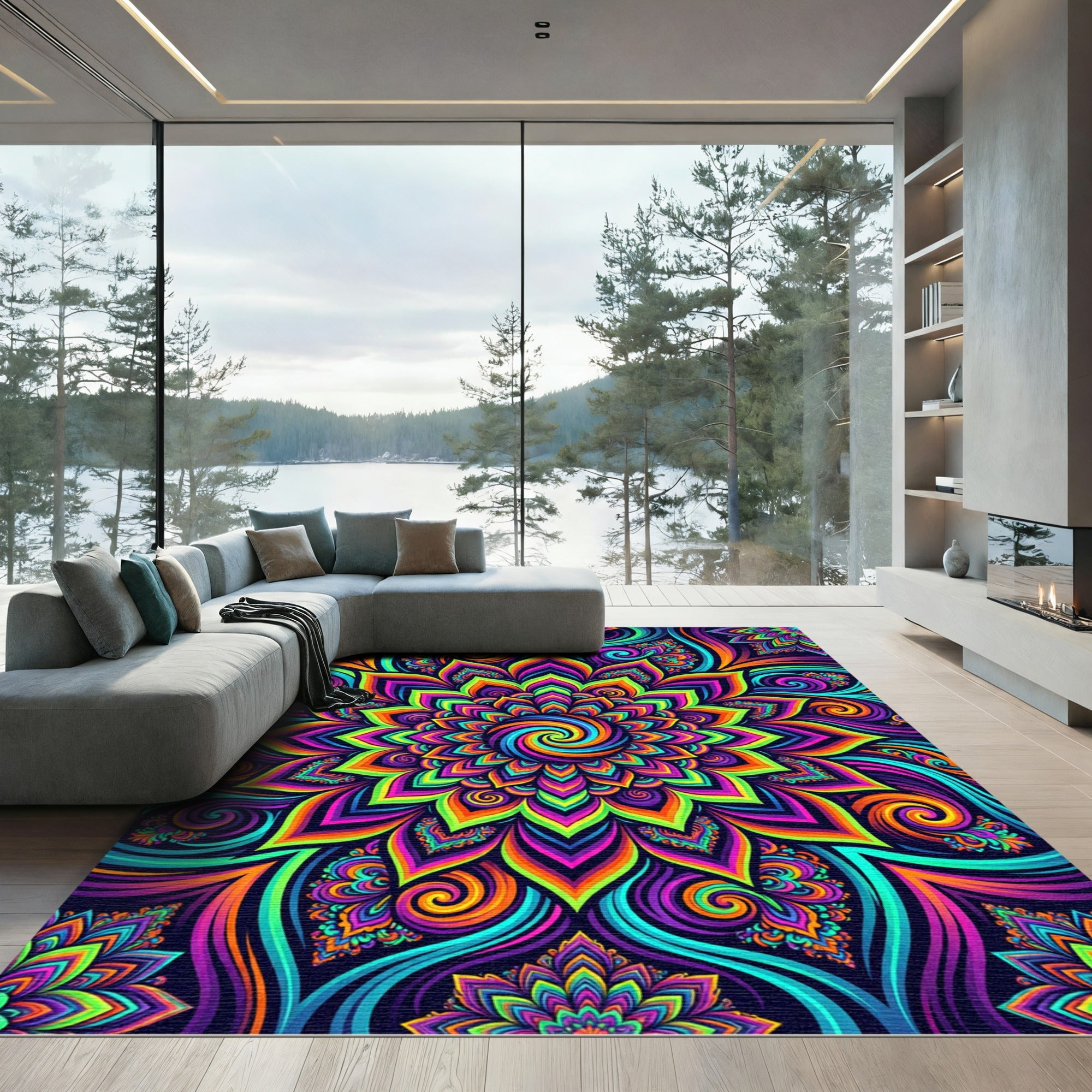 Vibrant Neon Psychedelic Fractal Floral Swirl Rug