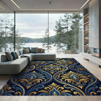 Elegant Navy and Gold Damask Swirl Rug
