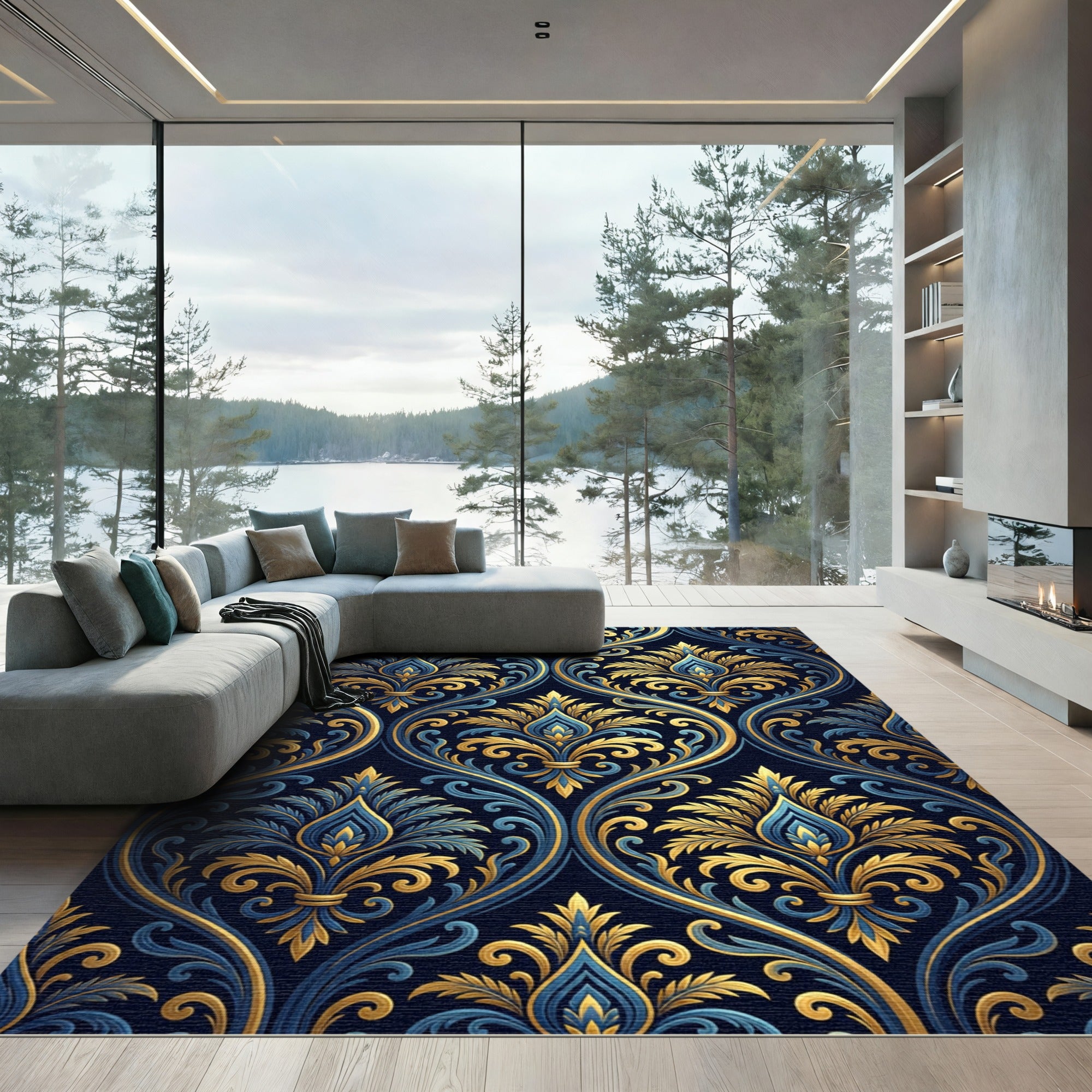 Elegant Navy and Gold Damask Swirl Rug