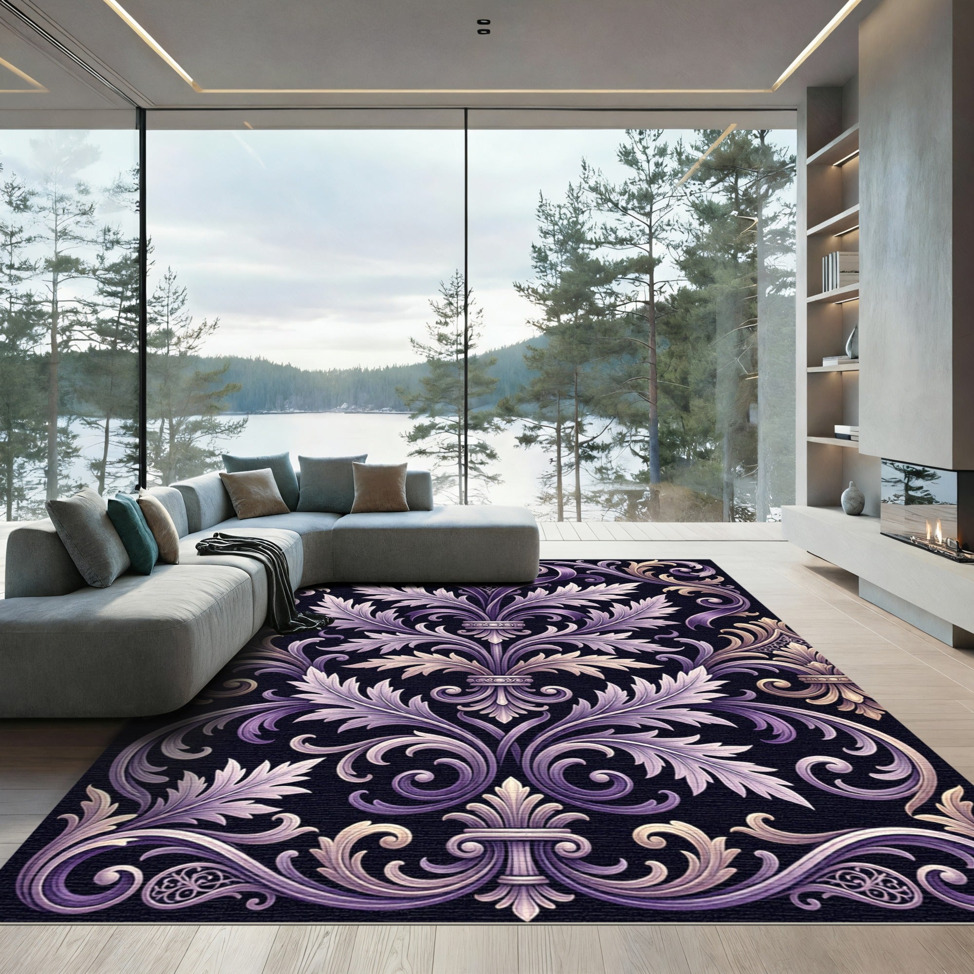 Ornate Purple and Gold Acanthus Scroll Rug