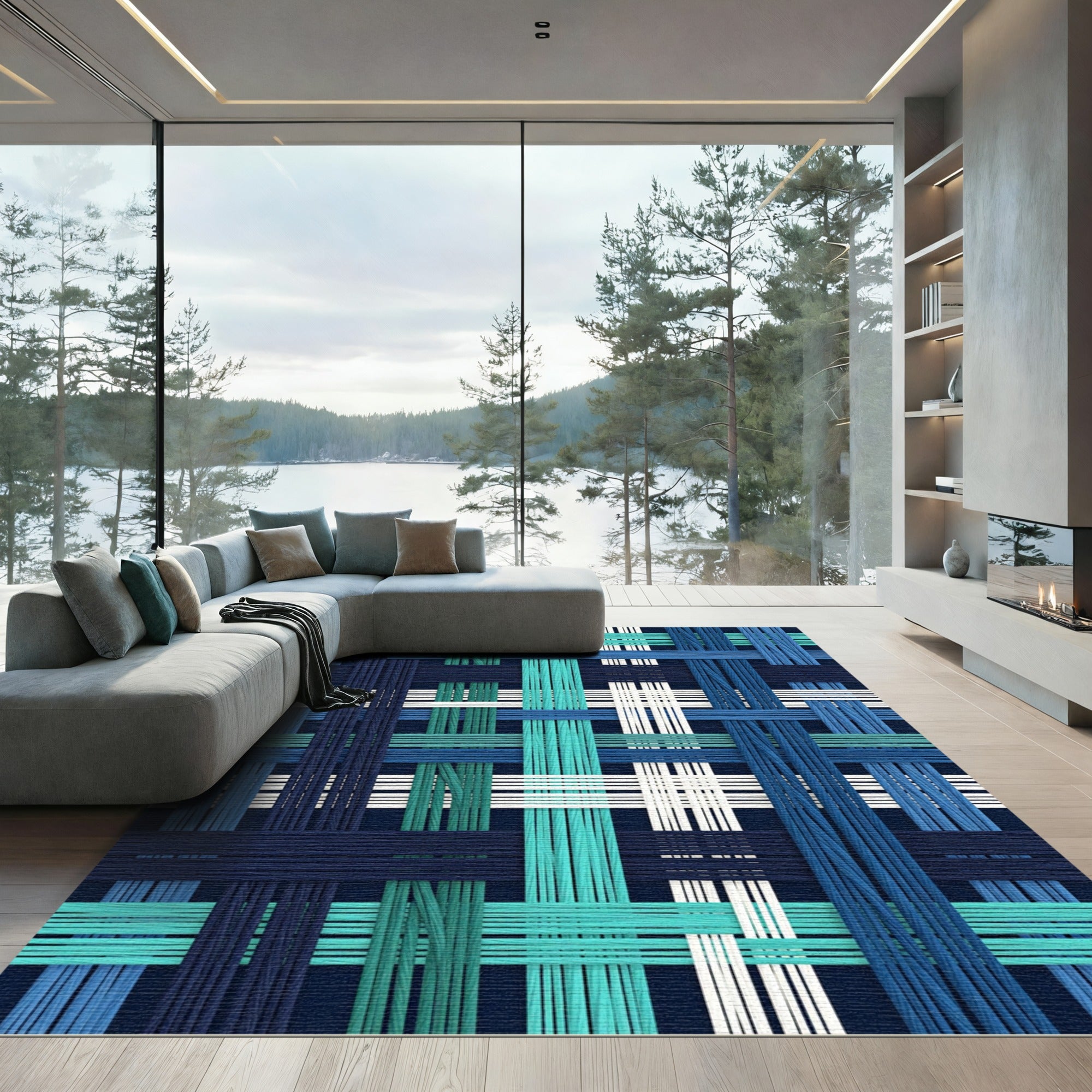 Woven Blue and Teal Grid Line Rug
