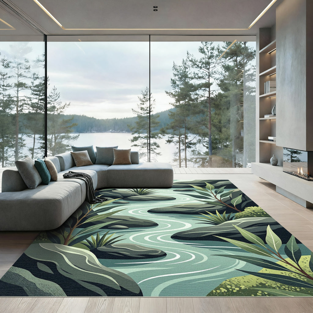 Serene River Stones Foliage Landscape Rug