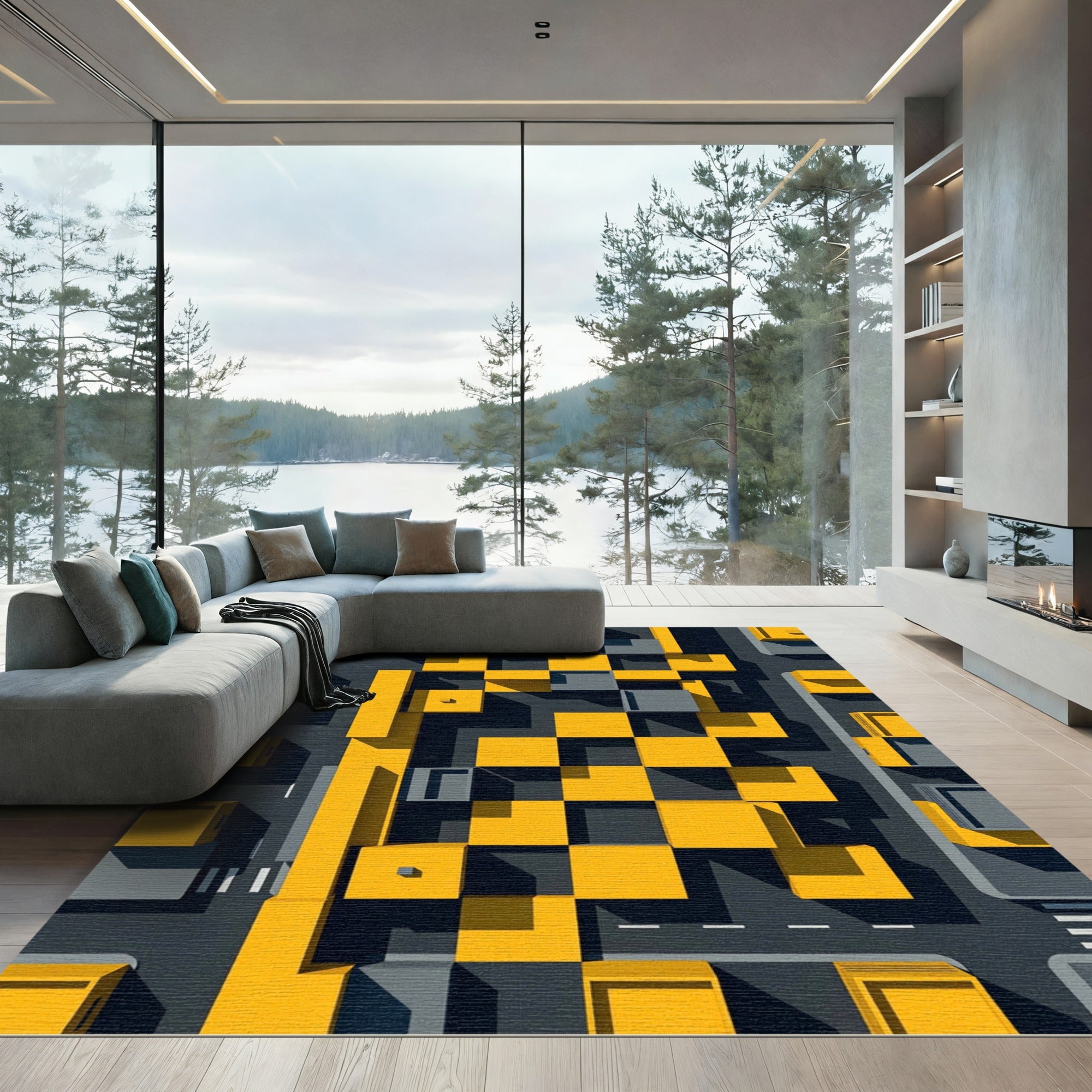Abstract Yellow Gray 3D Cube Squares Rug
