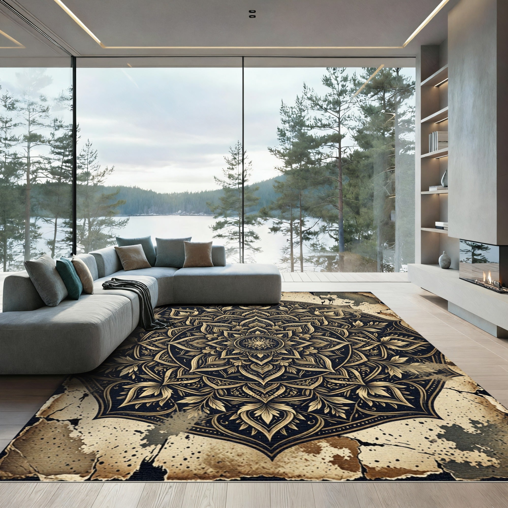 Vintage Golden Mandala Distressed Black Art Rug