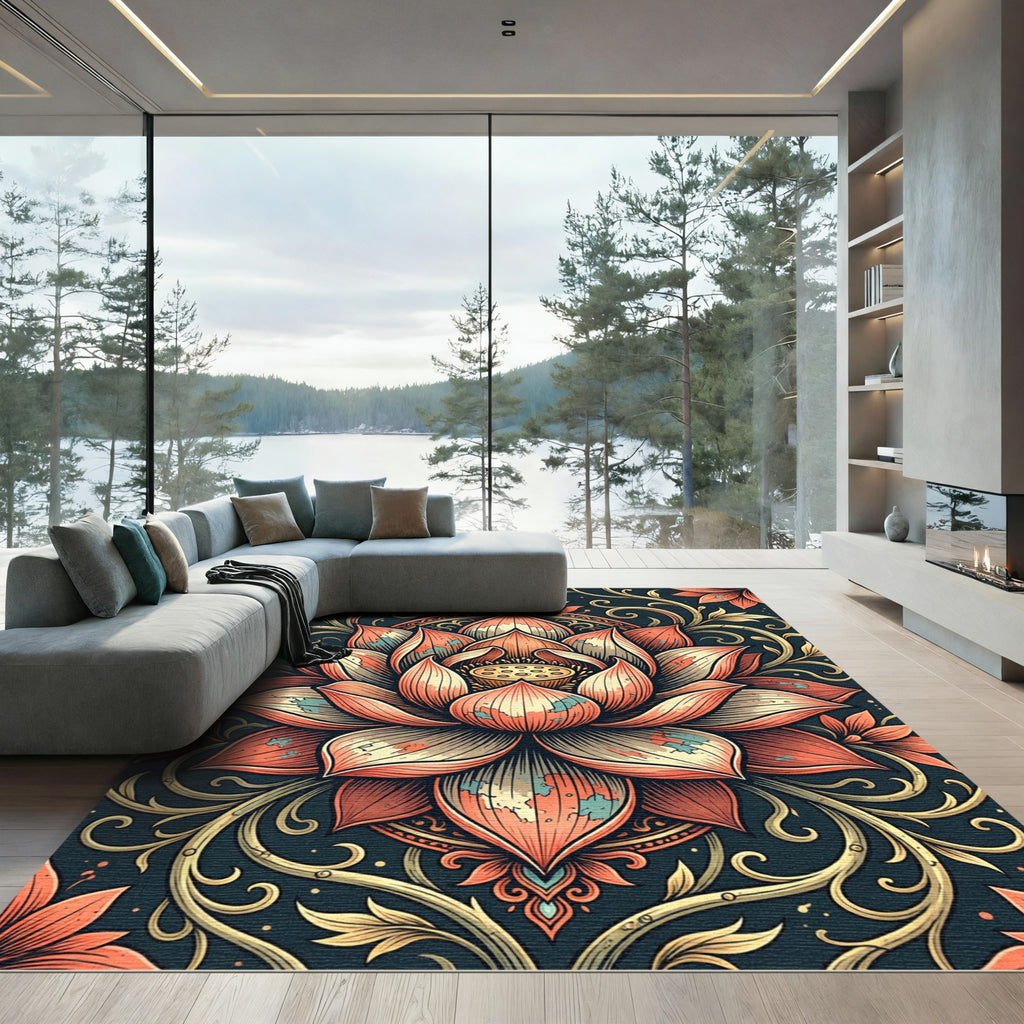 Ornate Coral Lotus Floral Medallion Rug