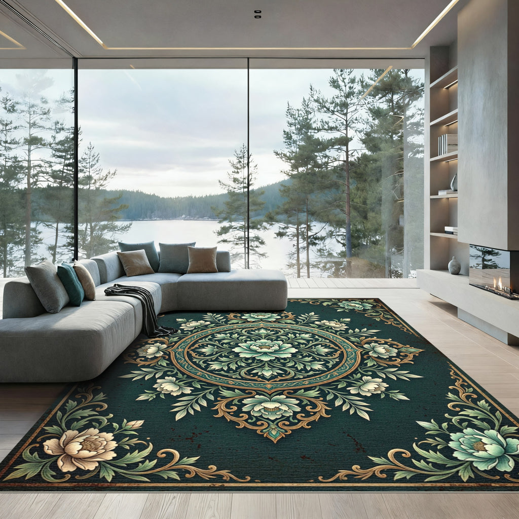 Ornate Teal Blossom Medallion Rug
