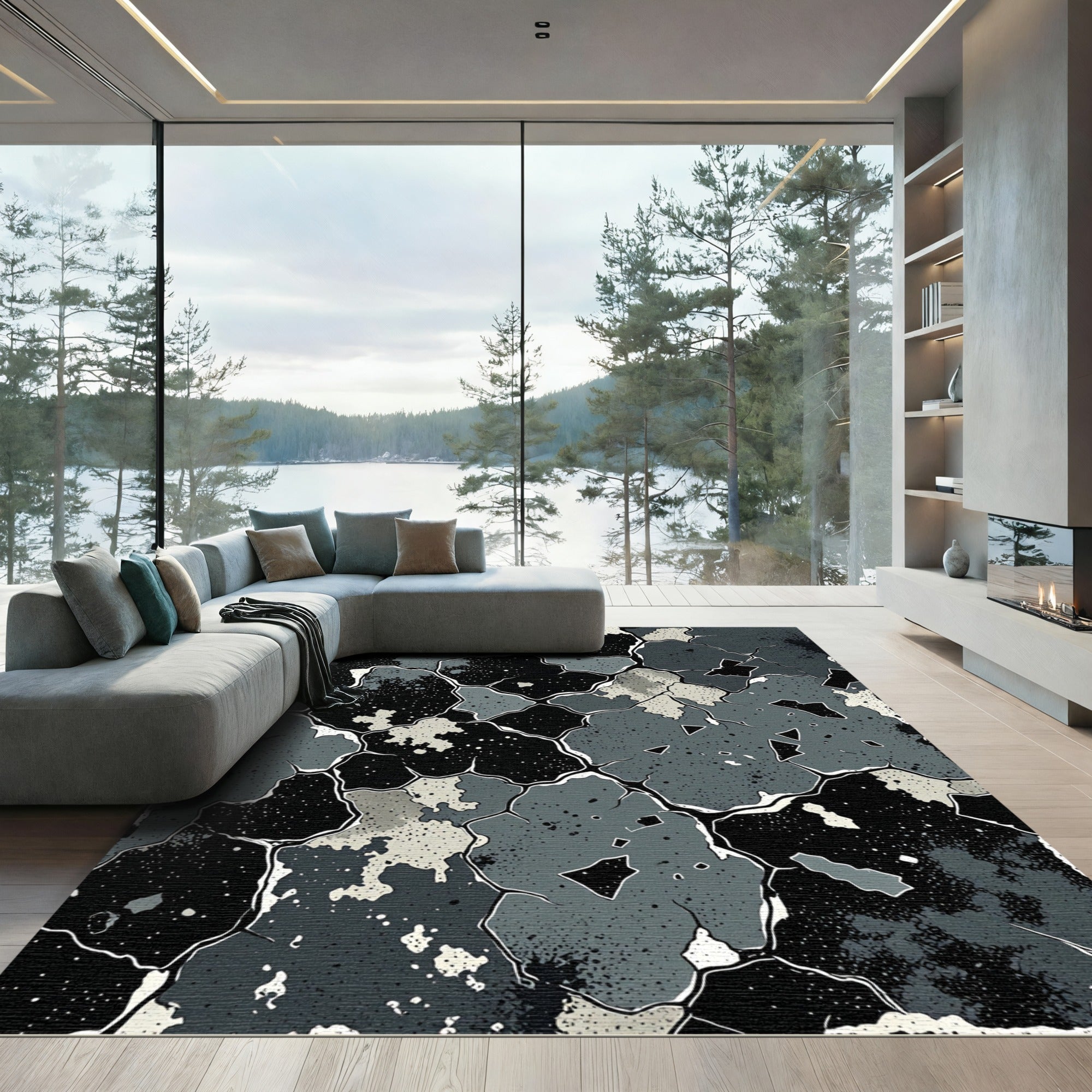 Chipped Stone Abstract Black Gray Rug