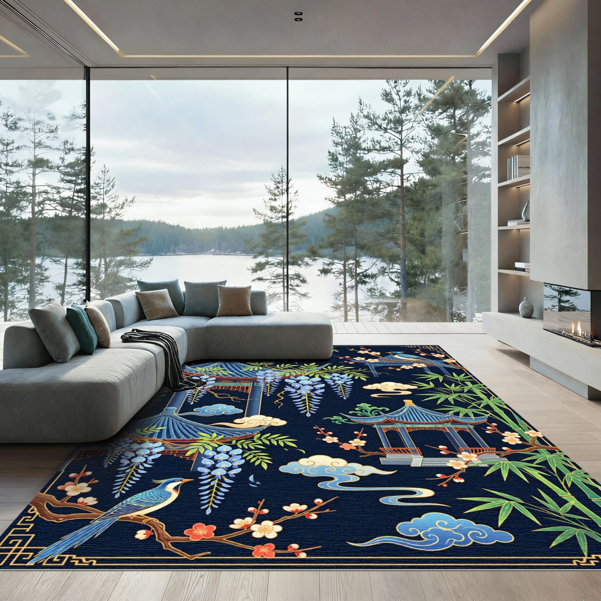 Chinoiserie Pavilion Wisteria Blue Garden Rug