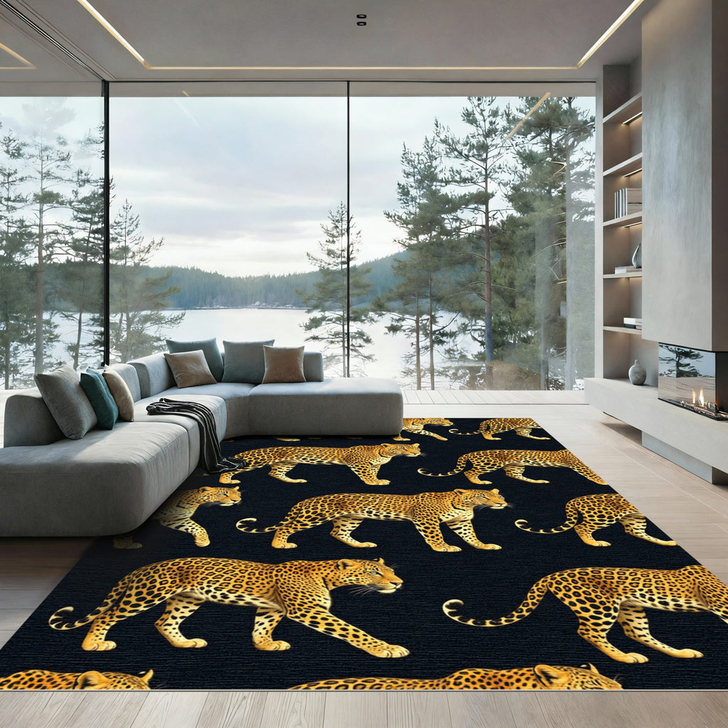 Golden Leopard Black Jungle Animal Rug