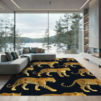 Golden Leopard Black Jungle Animal Rug