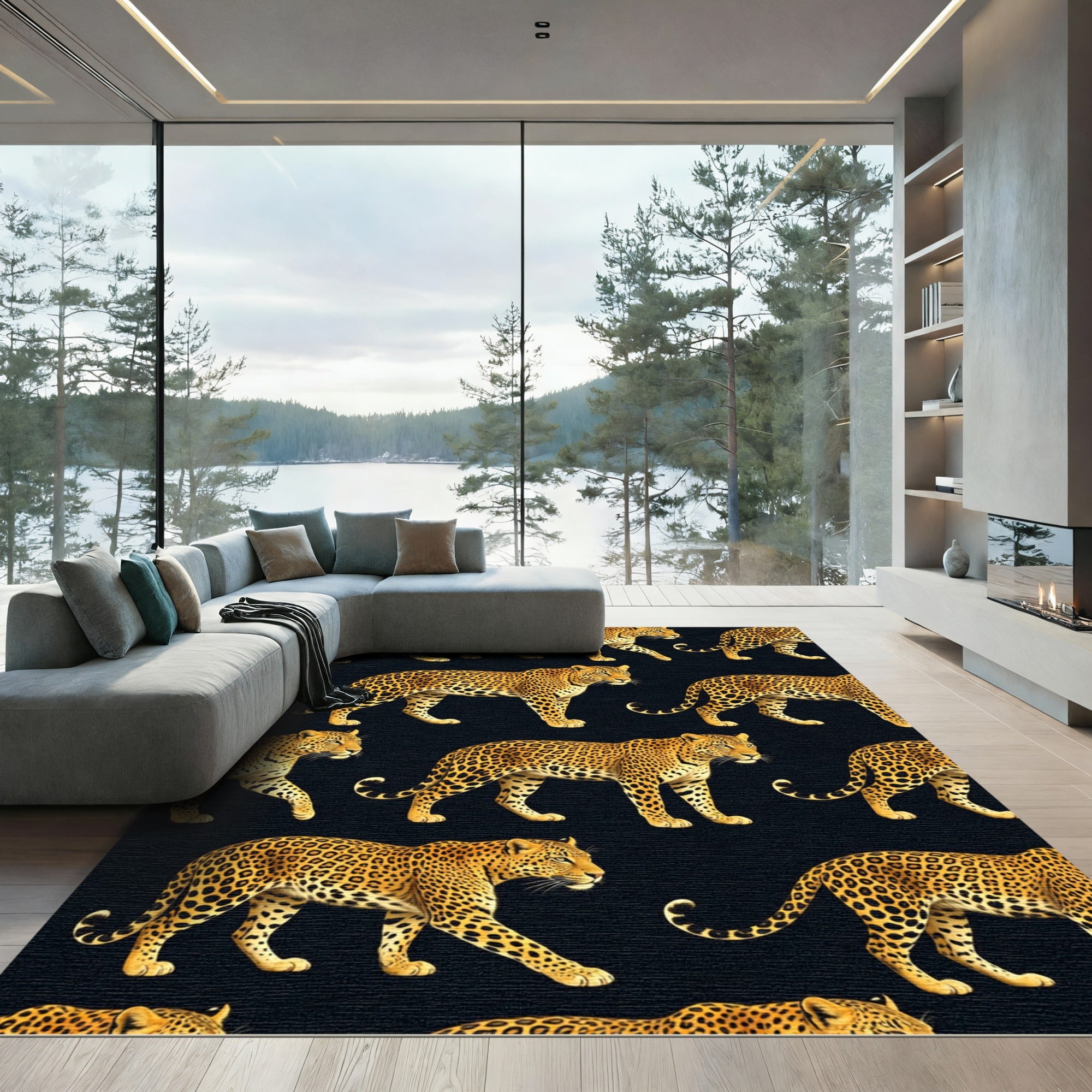 Golden Leopard Black Jungle Animal Rug