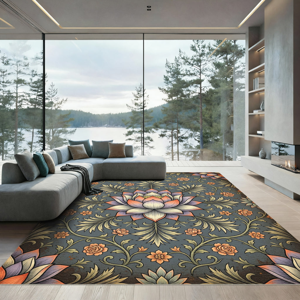 Elegant Lotus Floral Medallion Grey Canvas Rug
