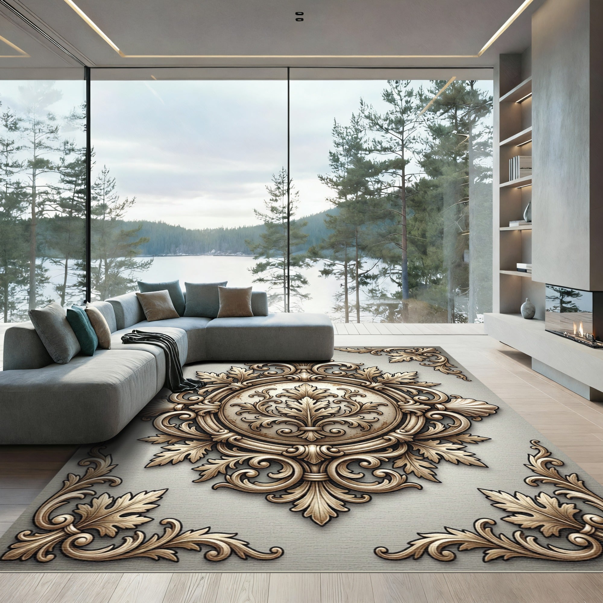 Elegant Ivory Beige Baroque Scrollwork Rug
