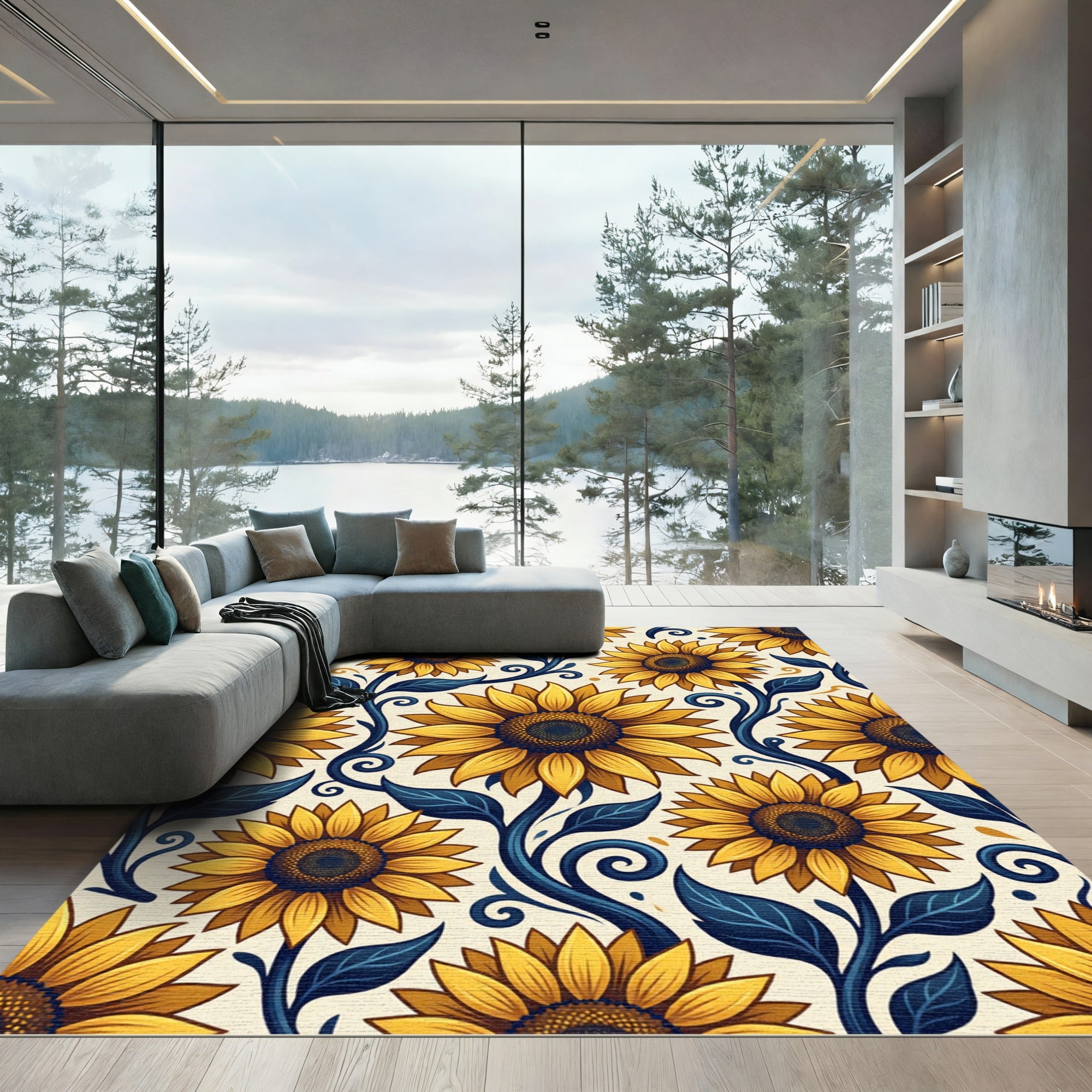 Golden Sunflower Swirls on Cream Rug