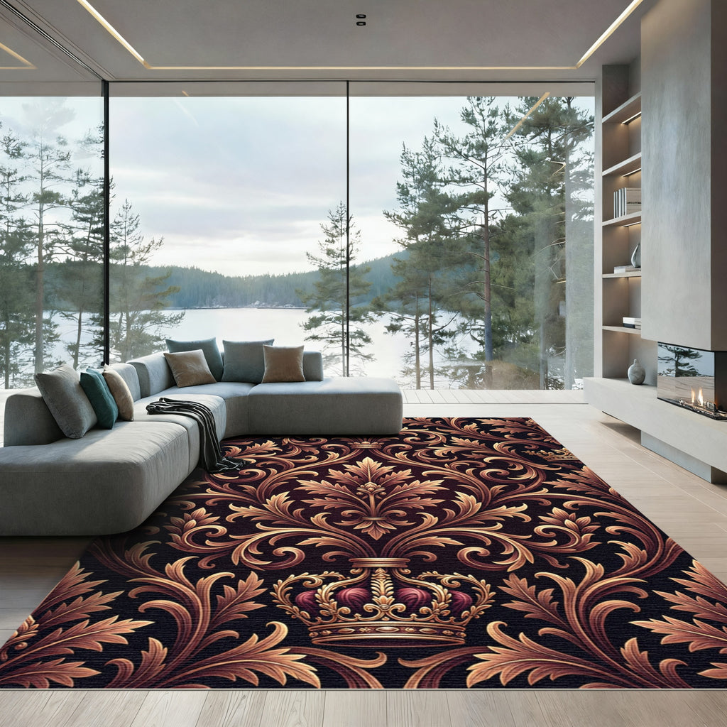 Ornate Gold Leaf Crown Scrollwork Rug
