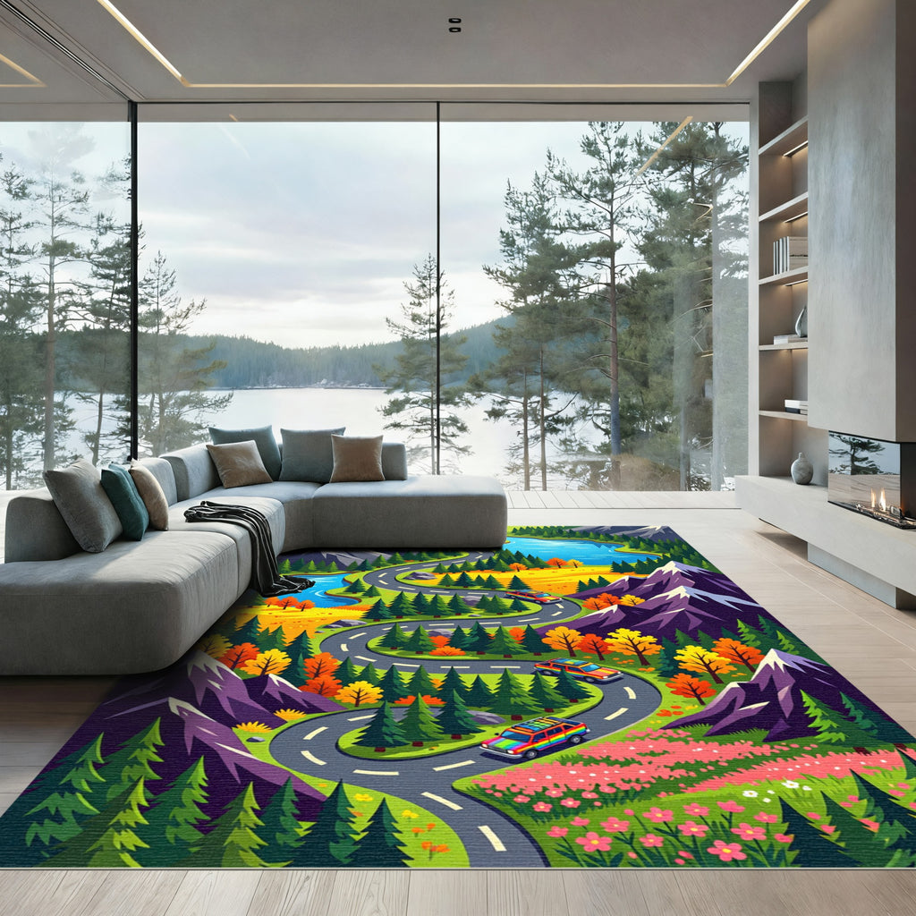 Scenic Winding Mountain Road Landscape Rug