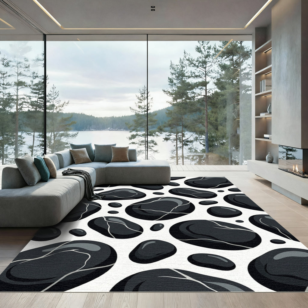 Black Pebble Mosaic Scattered Stones Rug