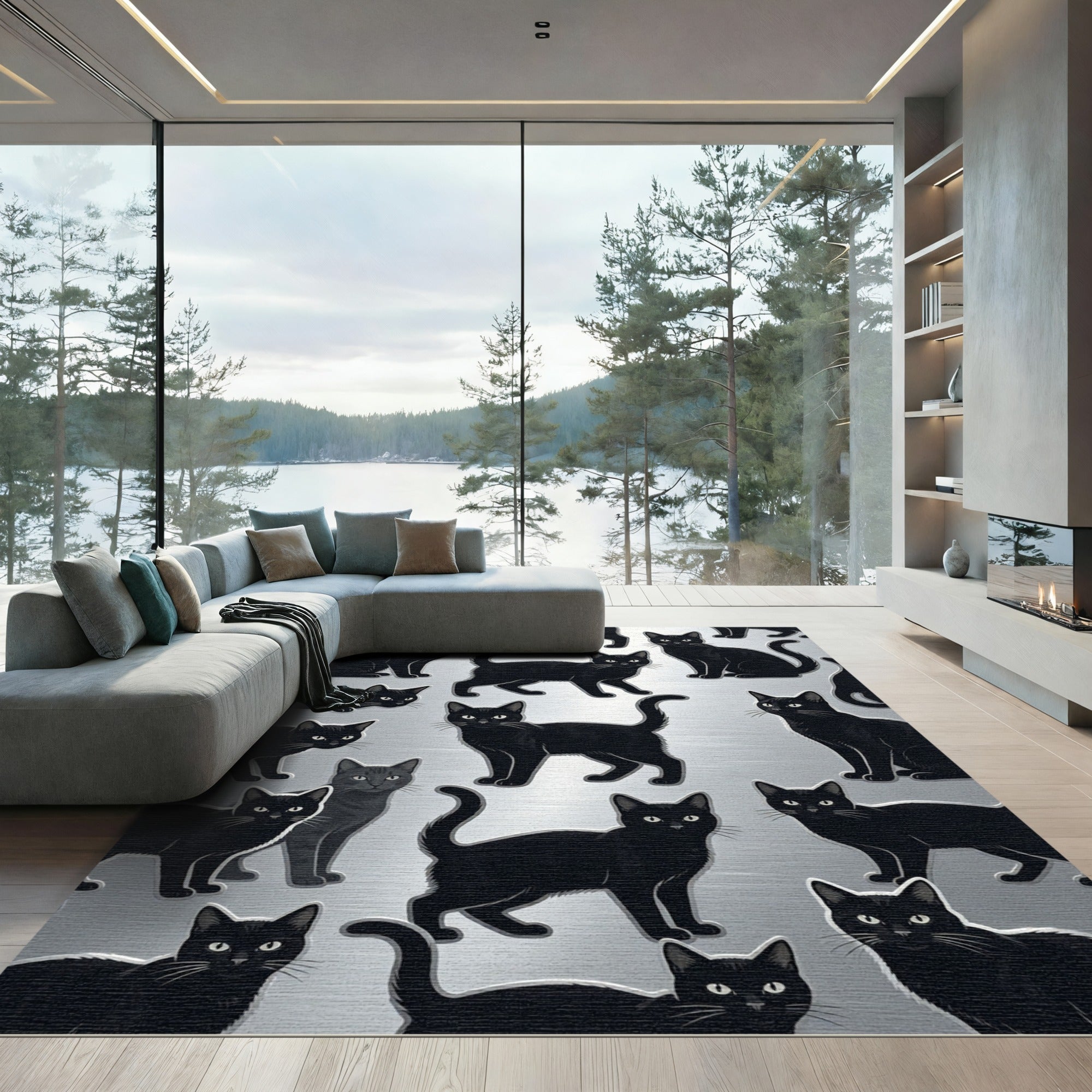 Black Cat Collection Scattered Whimsical Rug