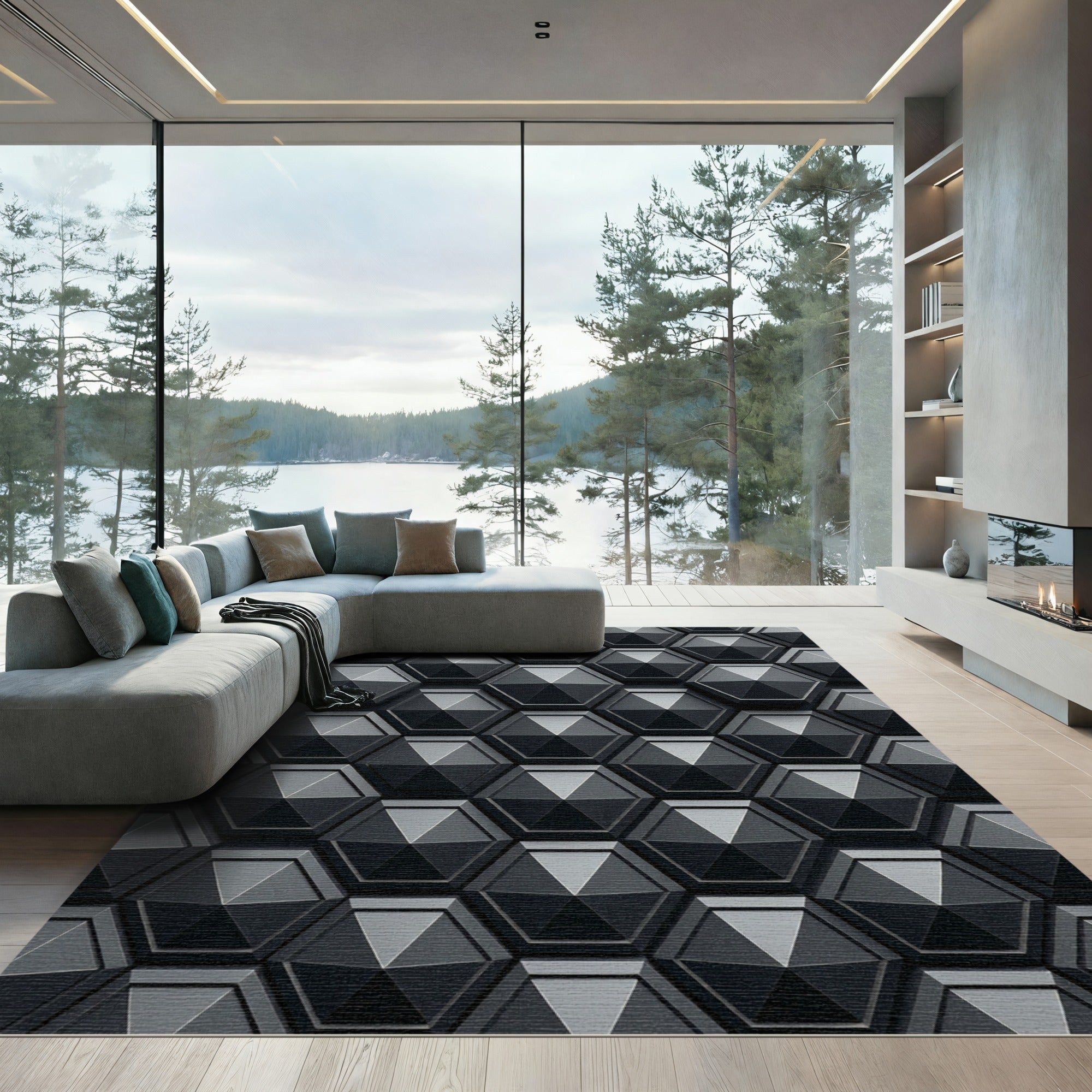 3D Hexagonal Geometric Dark Gray Rug