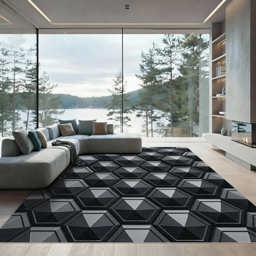 3D Hexagonal Geometric Dark Gray Rug