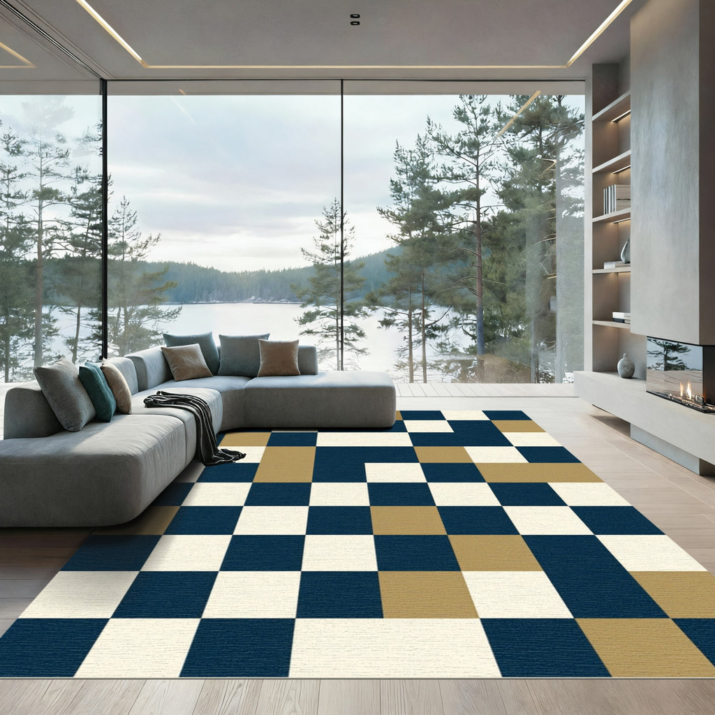 Modern Navy Gold Colorblock Geometric Rug
