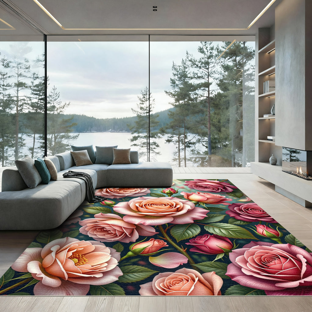 Coral Pink Rose Garden Bloom Rug