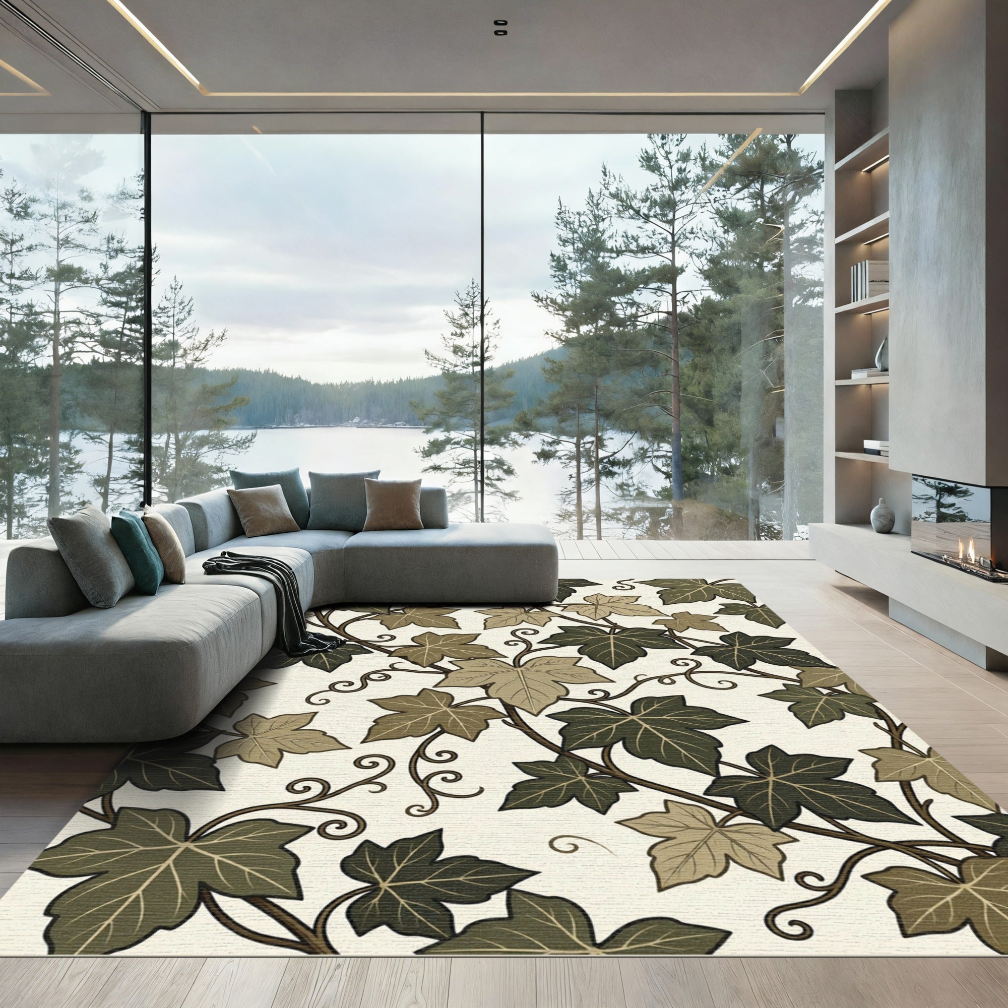 Earthy Green Ivy Leaf Botanical Vine Rug