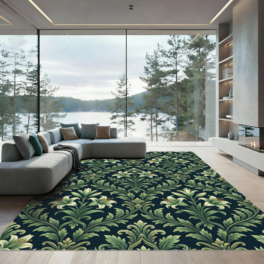 Vintage Green Lily Botanical Damask Rug