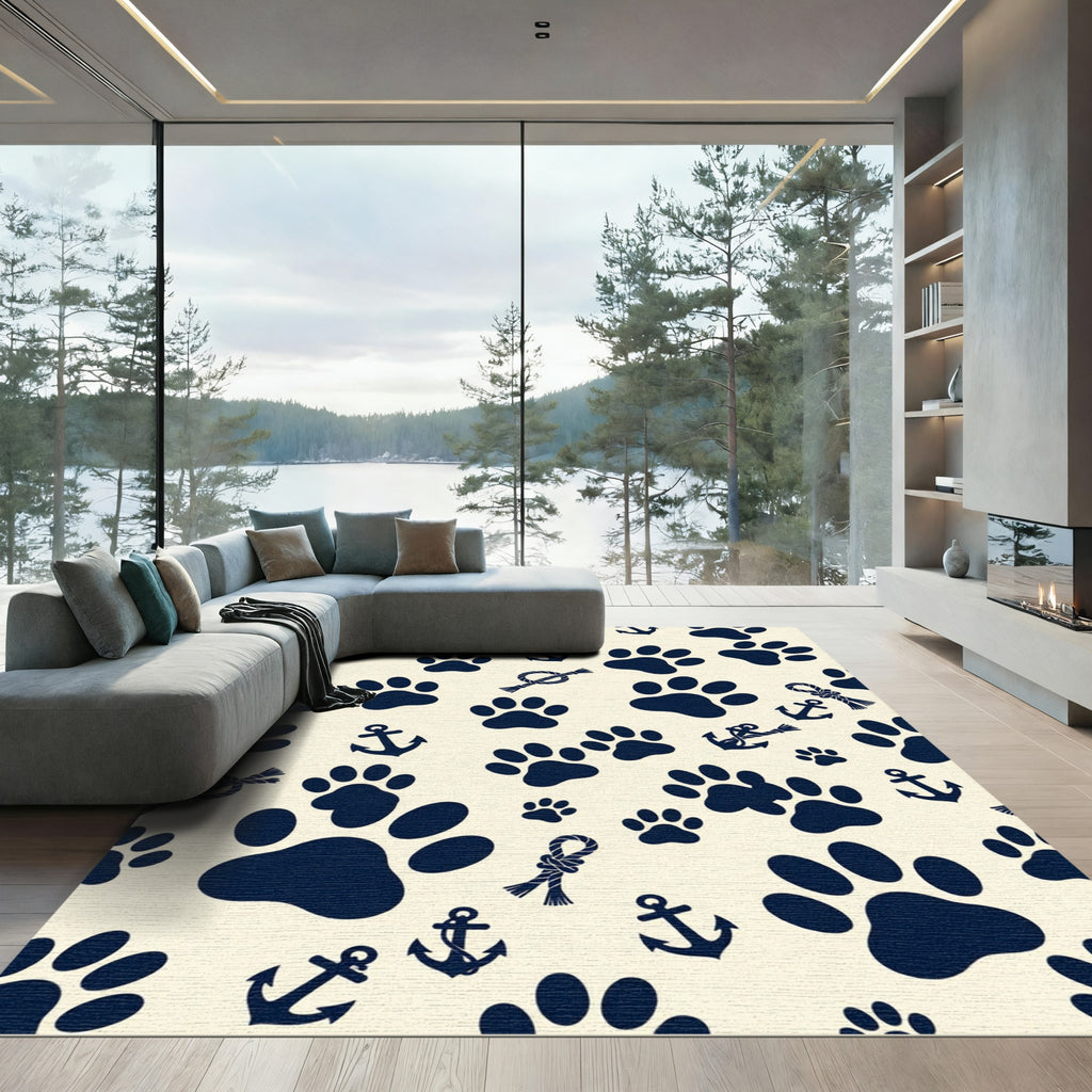 Navy Nautical Paw Anchor Rope Art Rug