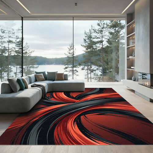Black and Red Dynamic Swirl Rug