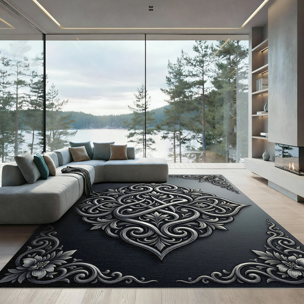Ornate Silver Floral Arabesque Rug