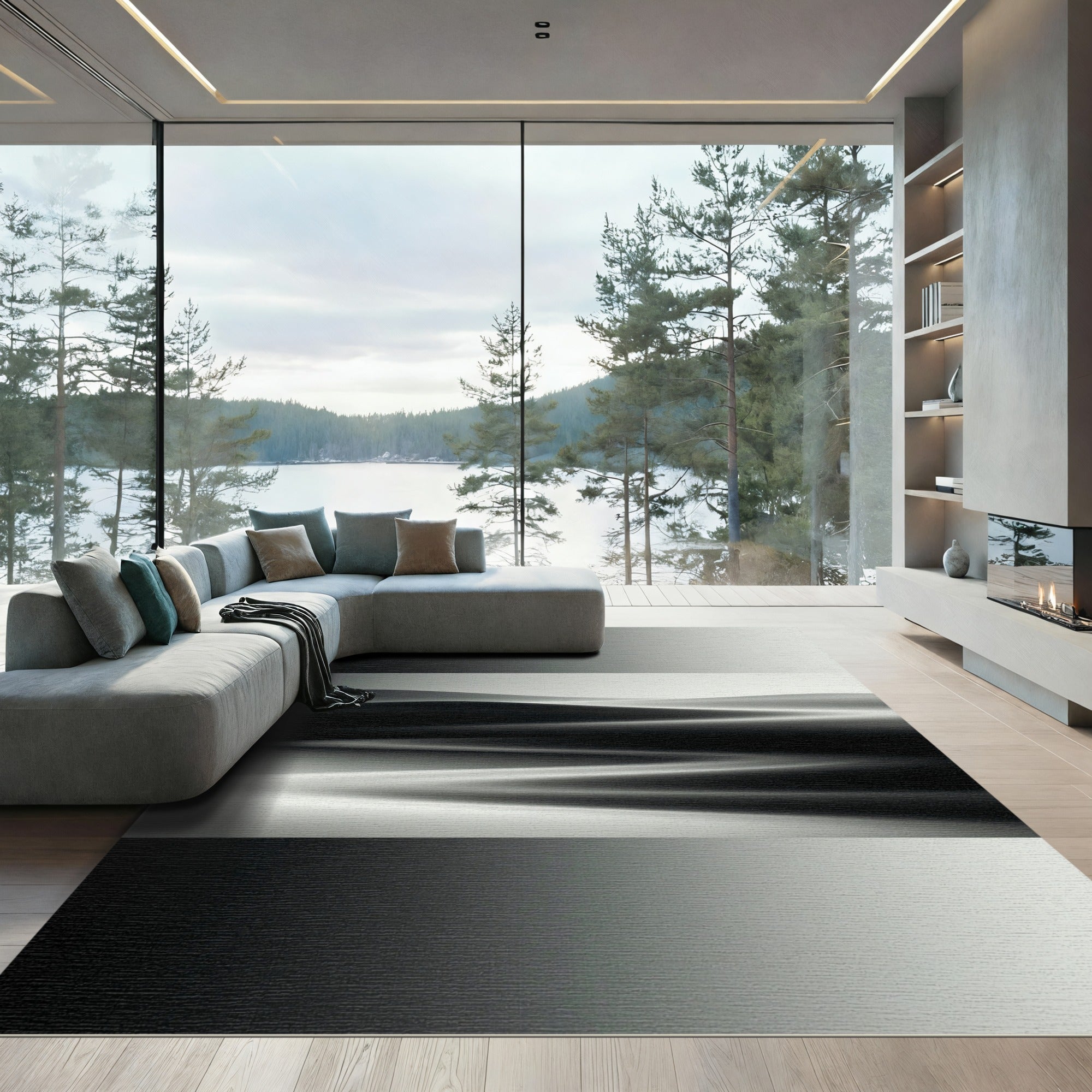 Minimalist Monochrome Abstract Wavy Horizon Rug