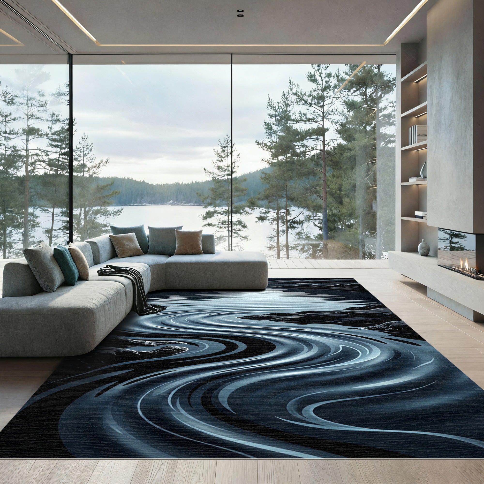 Dark Blue Rippling Water Landscape Rug
