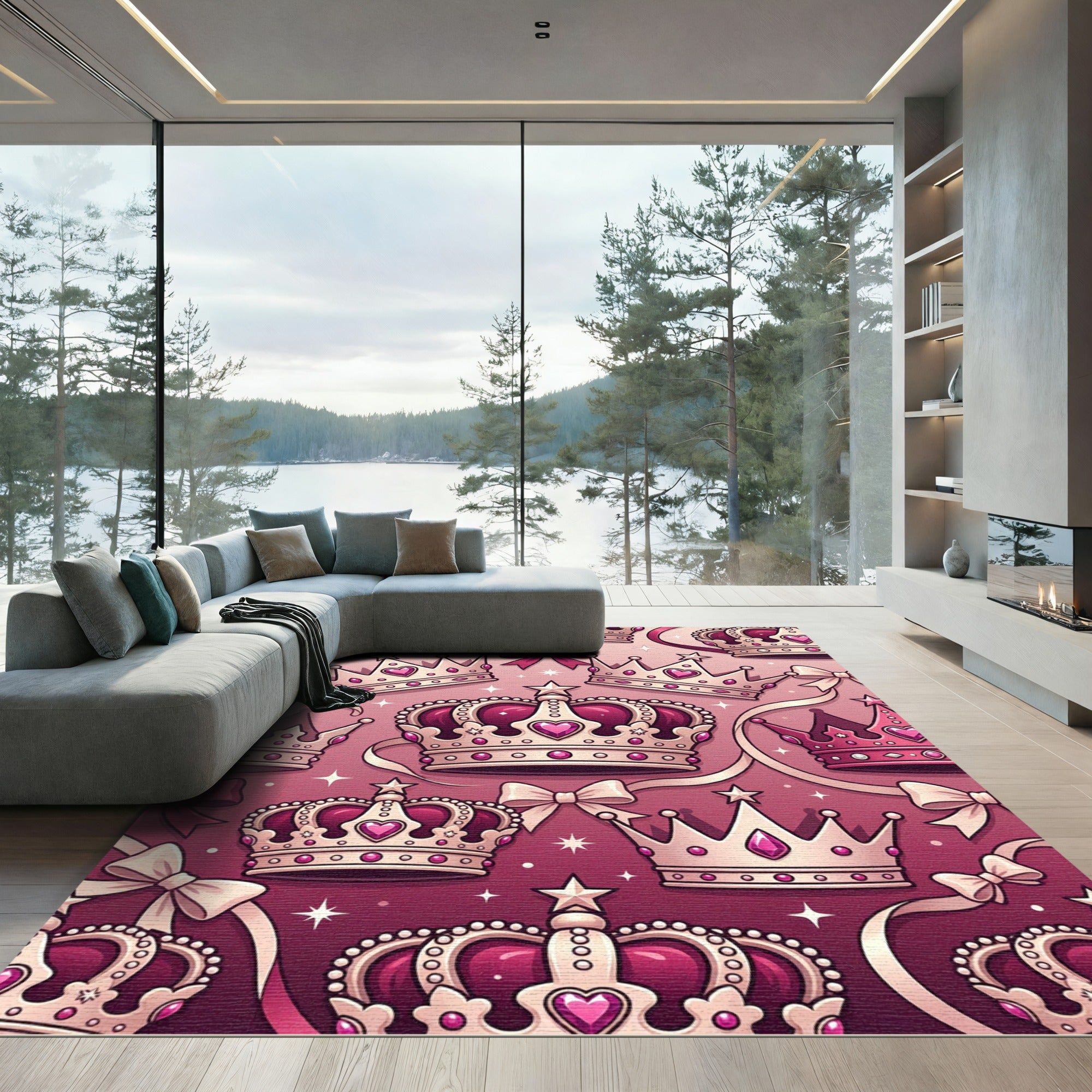 Pink Royal Crowns with Ribbon and Bows Rug
