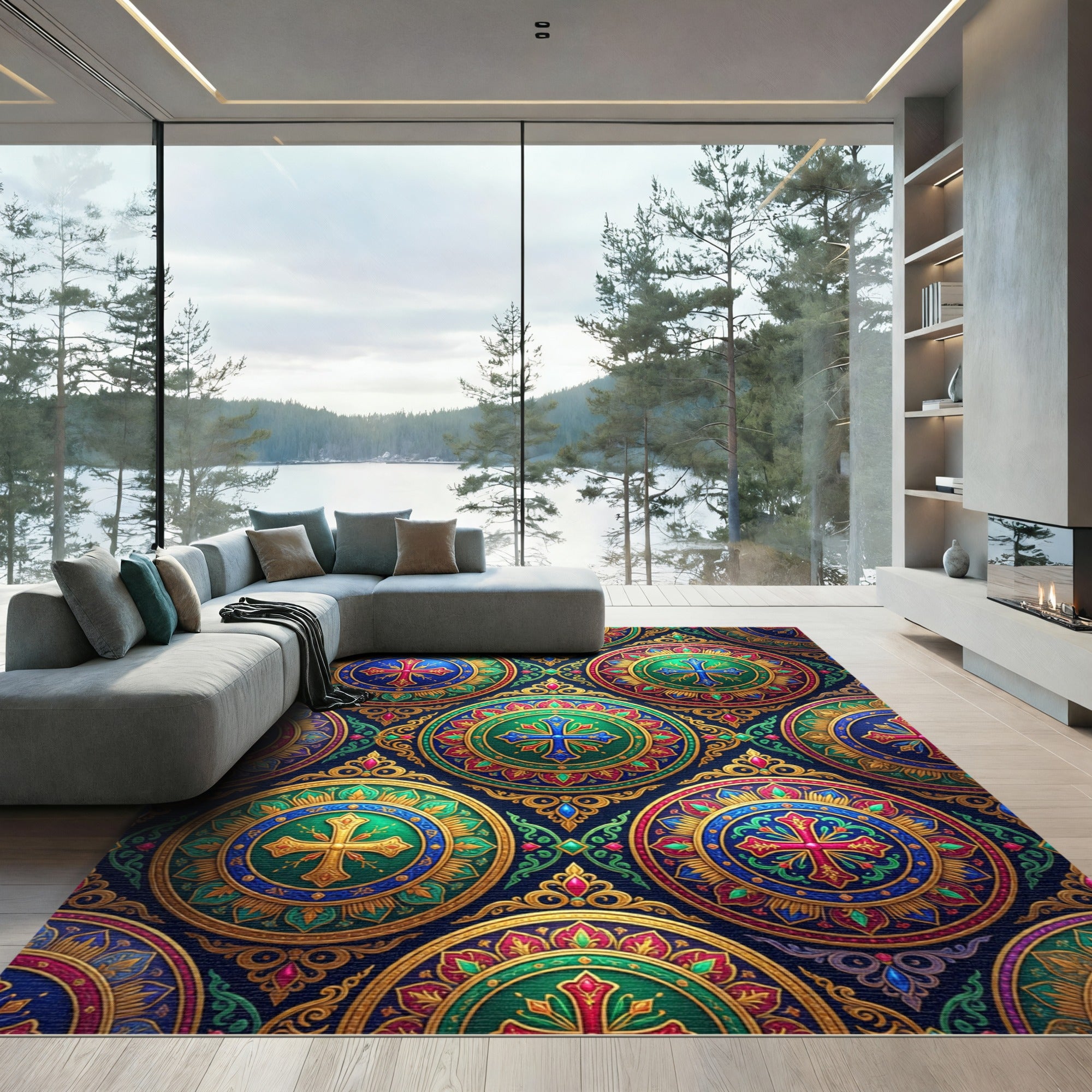 Ornate Jewel Tone Mandala Cross Tapestry Rug