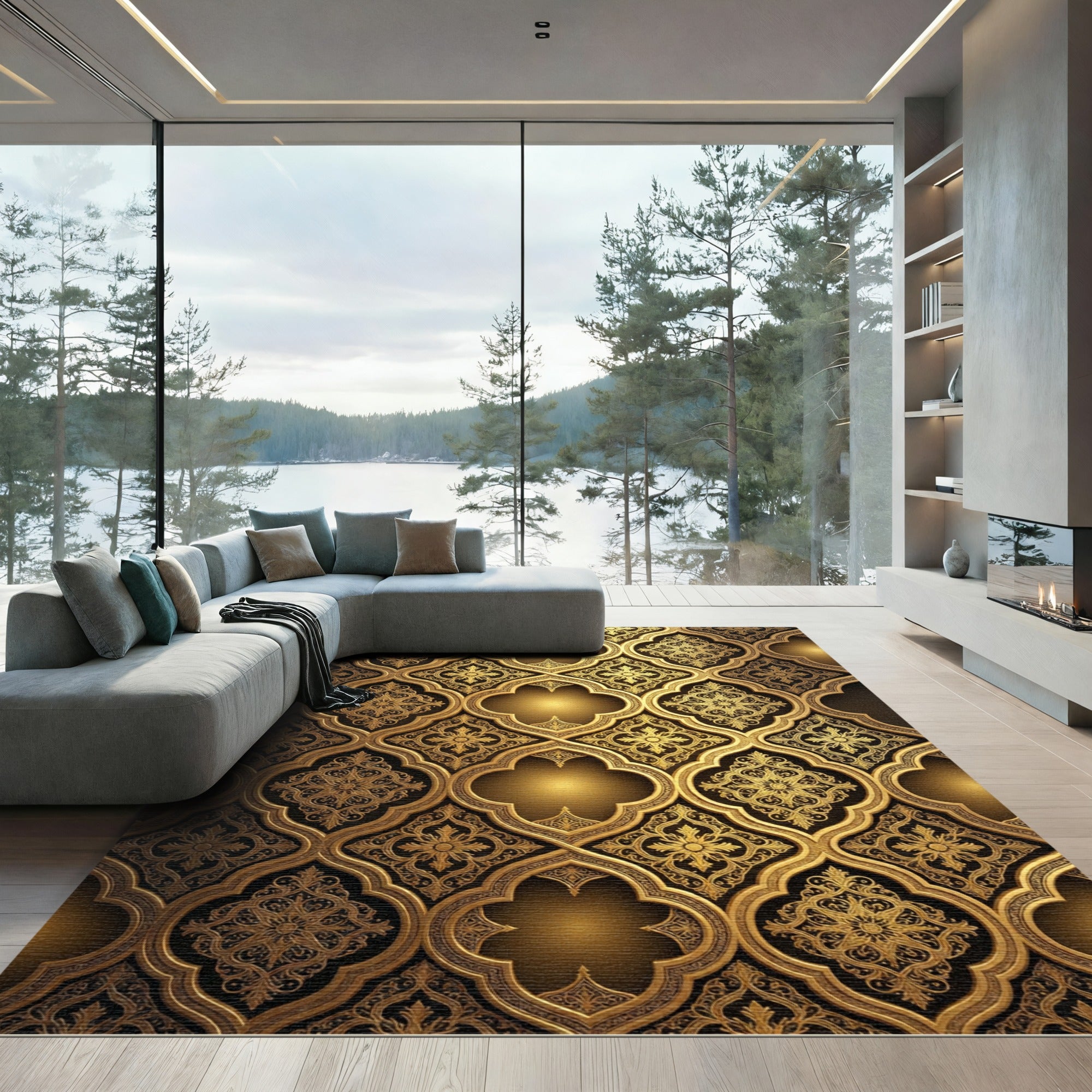 Ornate Golden Lattice Quatrefoil Damask Rug