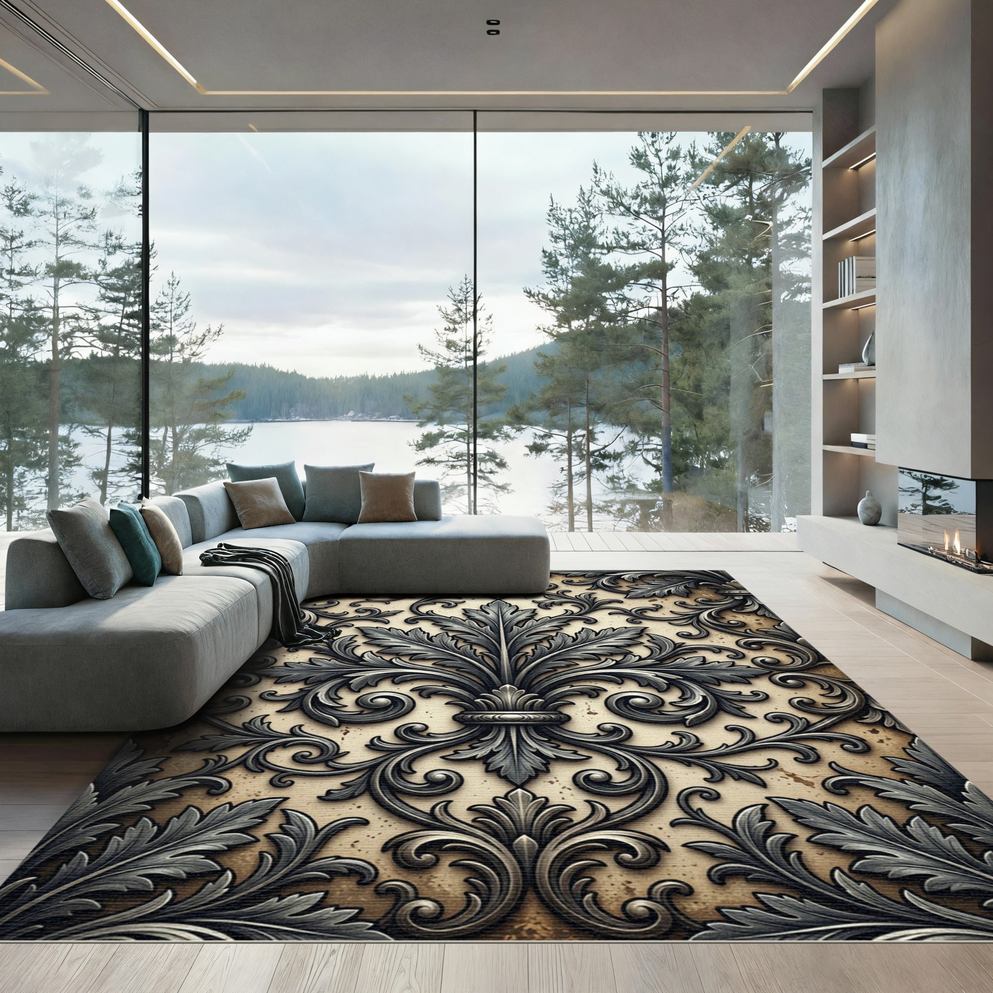 Ornate Metallic Silver Damask Scroll Rug