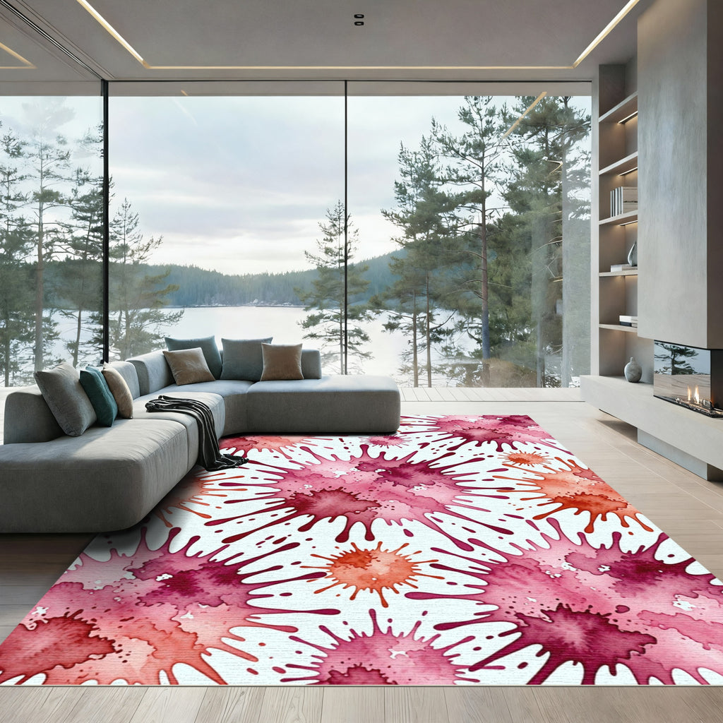 Vibrant Crimson Watercolor Ink Splatter Rug