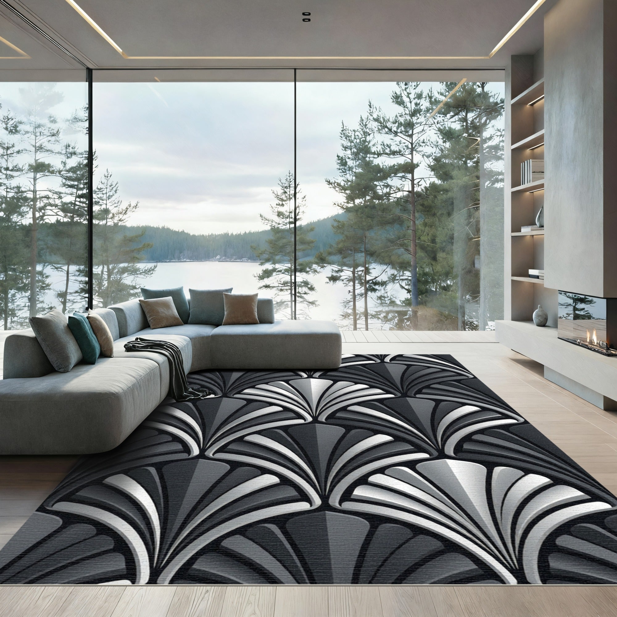Art Deco Silver and Charcoal Fan Rug