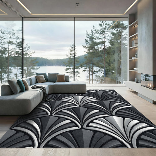 Art Deco Silver and Charcoal Fan Rug