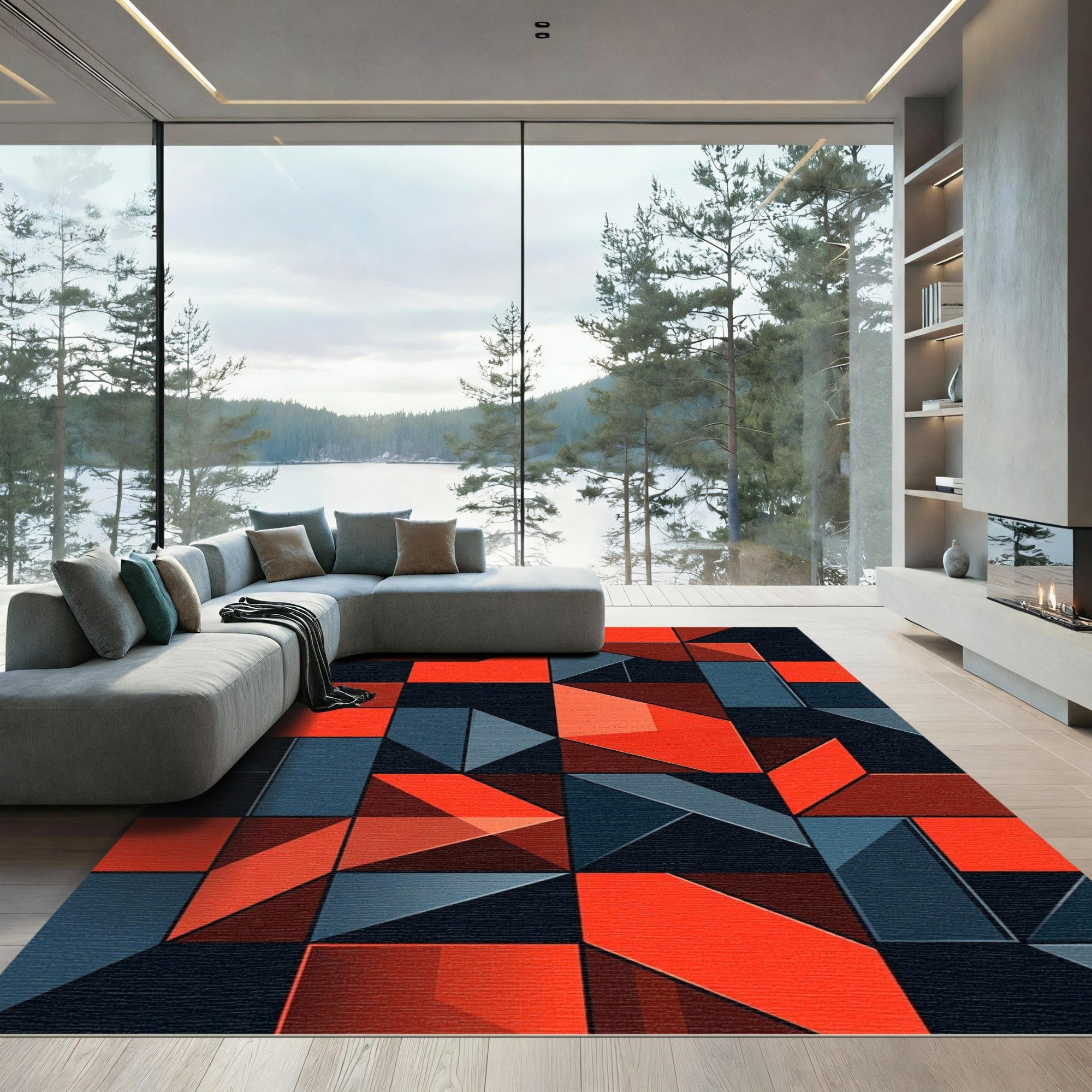 Bold Geometric Orange and Charcoal Rug