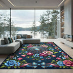 Ornate Floral Clock Medallion Navy Rug