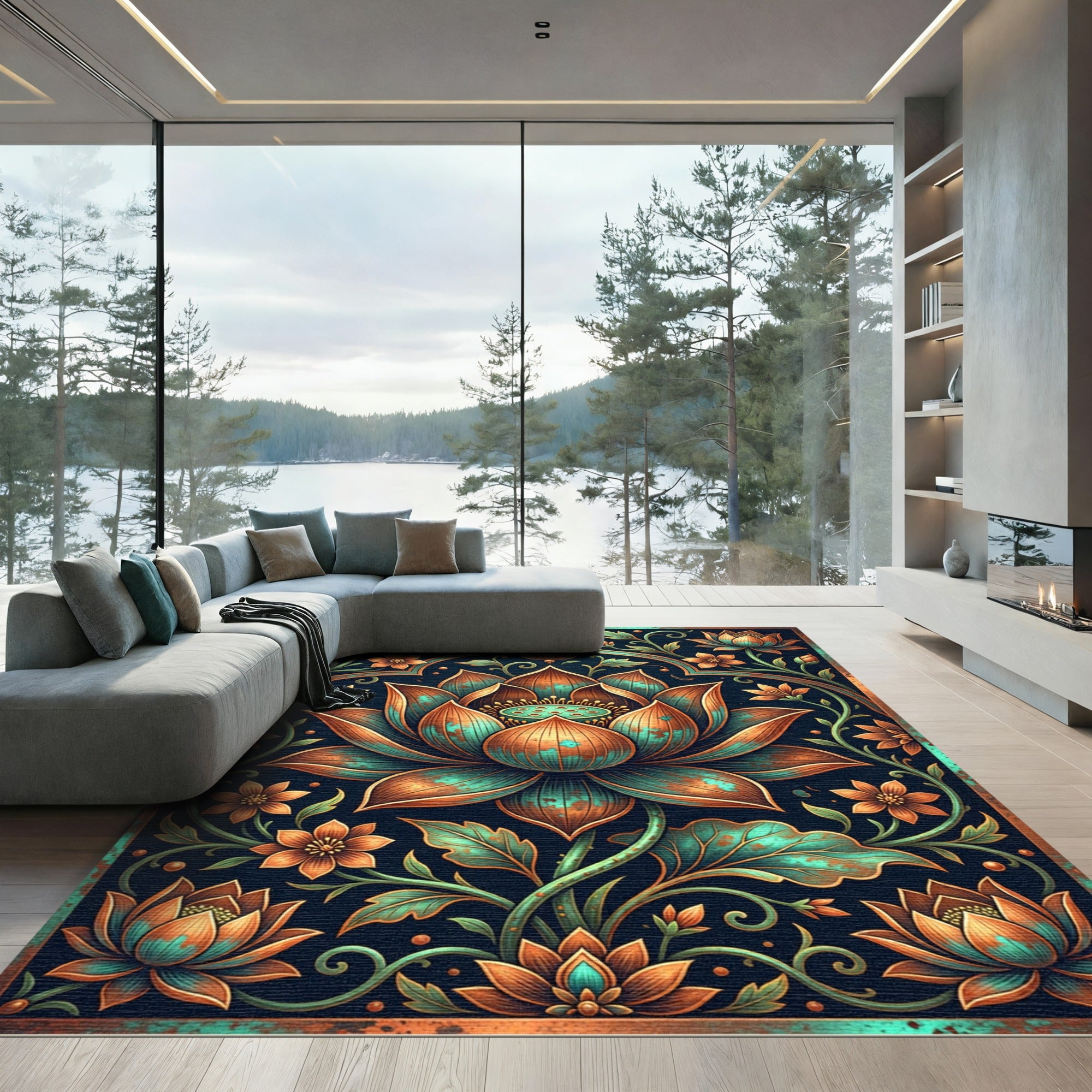 Copper Teal Lotus Floral Art Rug