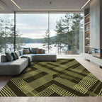 Olive Green Geometric Abstract Linear Grid Rug