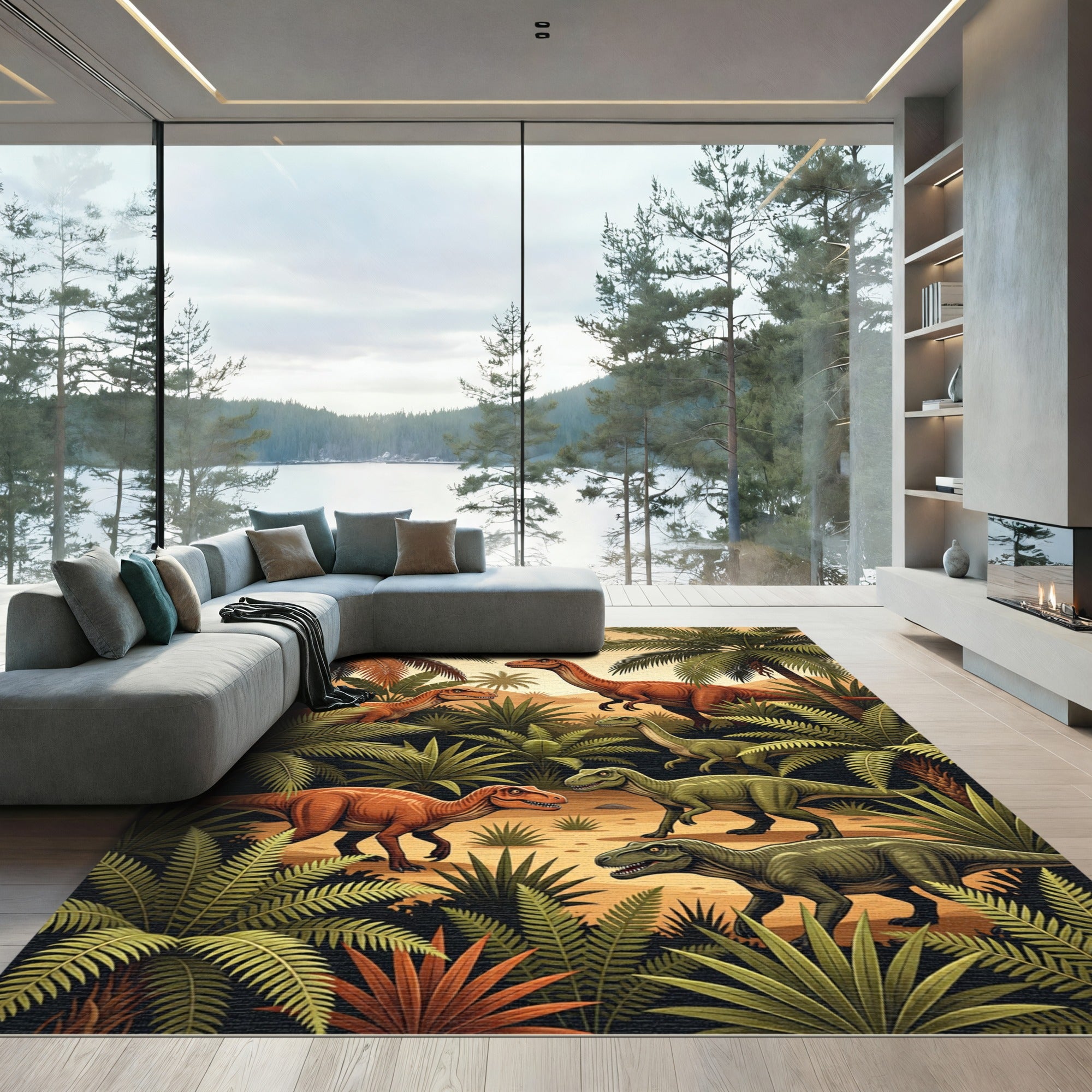 Jurassic Jungle Tropical Dinosaur Landscape Rug