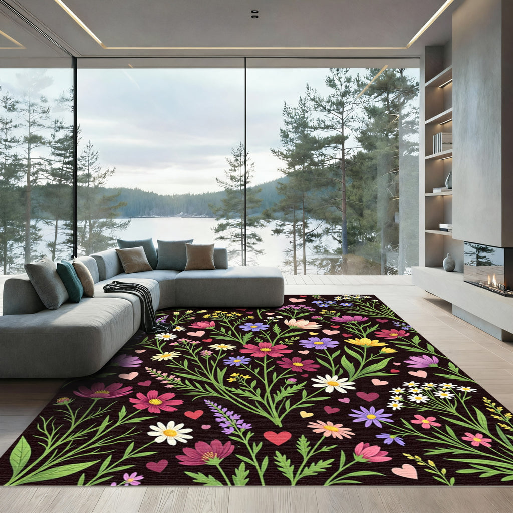 Dark Meadow Floral with Floating Hearts Rug