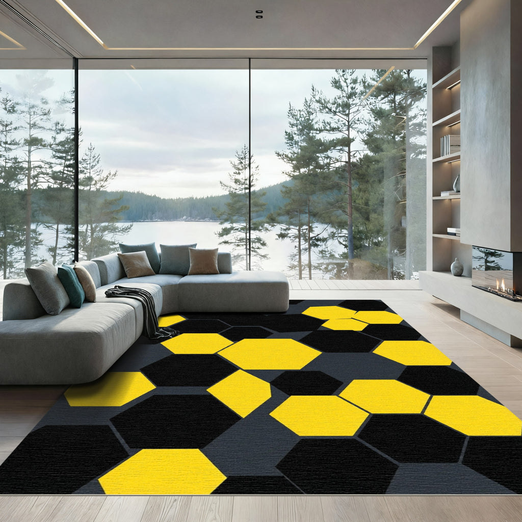 Bold Yellow and Black Geometric Hexagons Rug