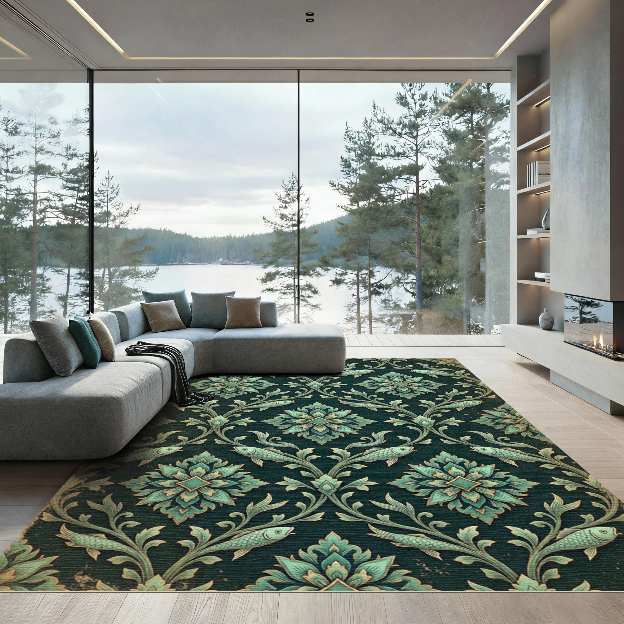 Teal Botanical Fish Damask Flourish Rug