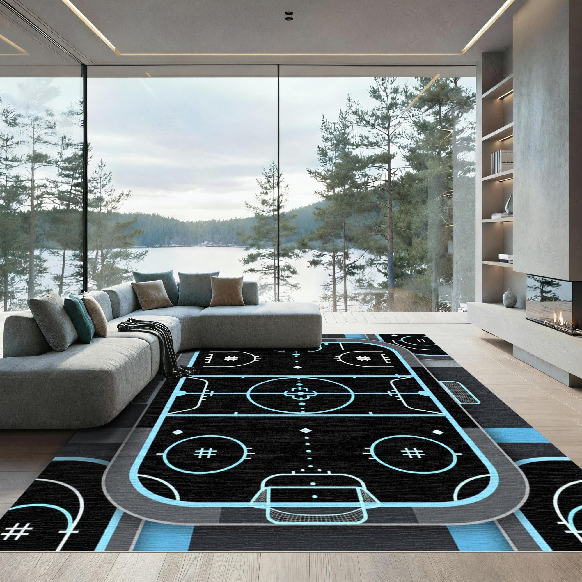 Neon Cyan Athletic Rink Grid Rug