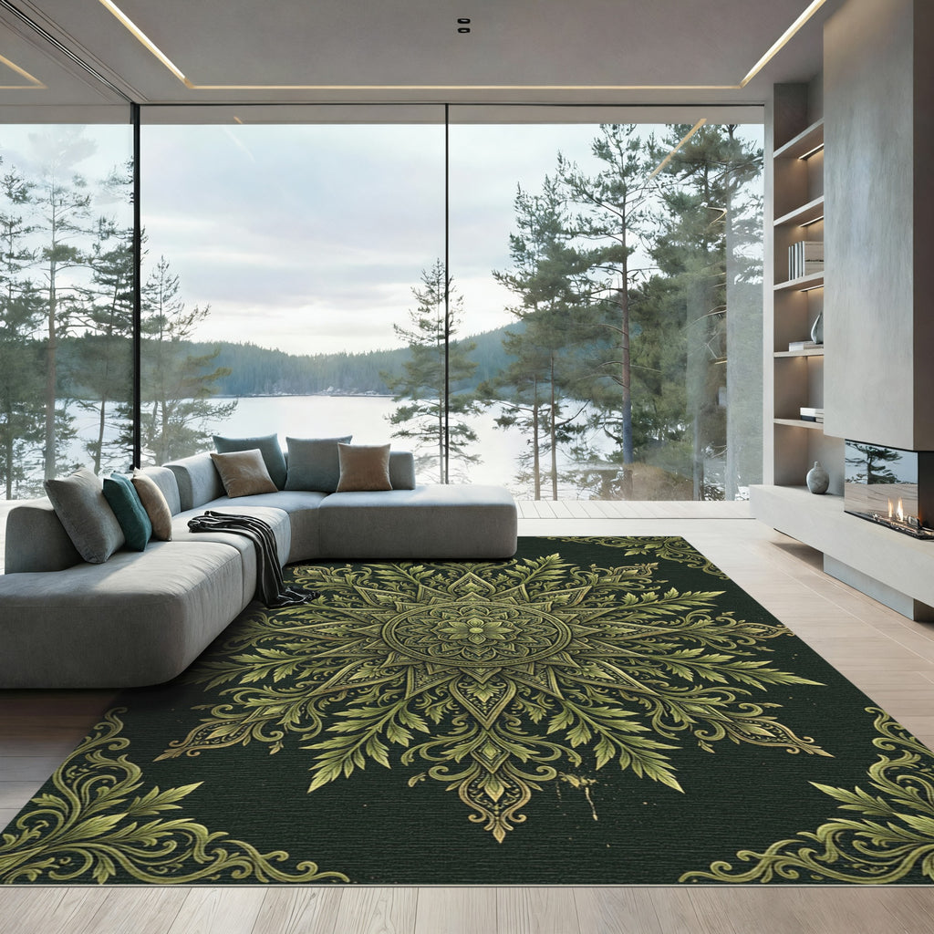 Sage Green Ornate Floral Mandala Rug